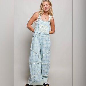 POL Light Blue Plaid Women's Overalls with Lace Pocket